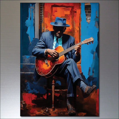 Set of 8 vintage blues, jazz, and soul icon fridge magnets featuring colorful music-themed paintings, ideal for refrigerator decor.