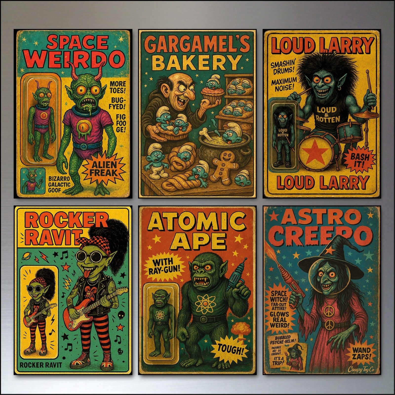Set of six vintage Halloween fridge magnets featuring horror comic cover designs, spooky and collectible kitchen decor.