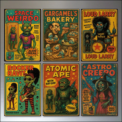 Set of six vintage Halloween fridge magnets featuring horror comic cover designs, spooky and collectible kitchen decor.