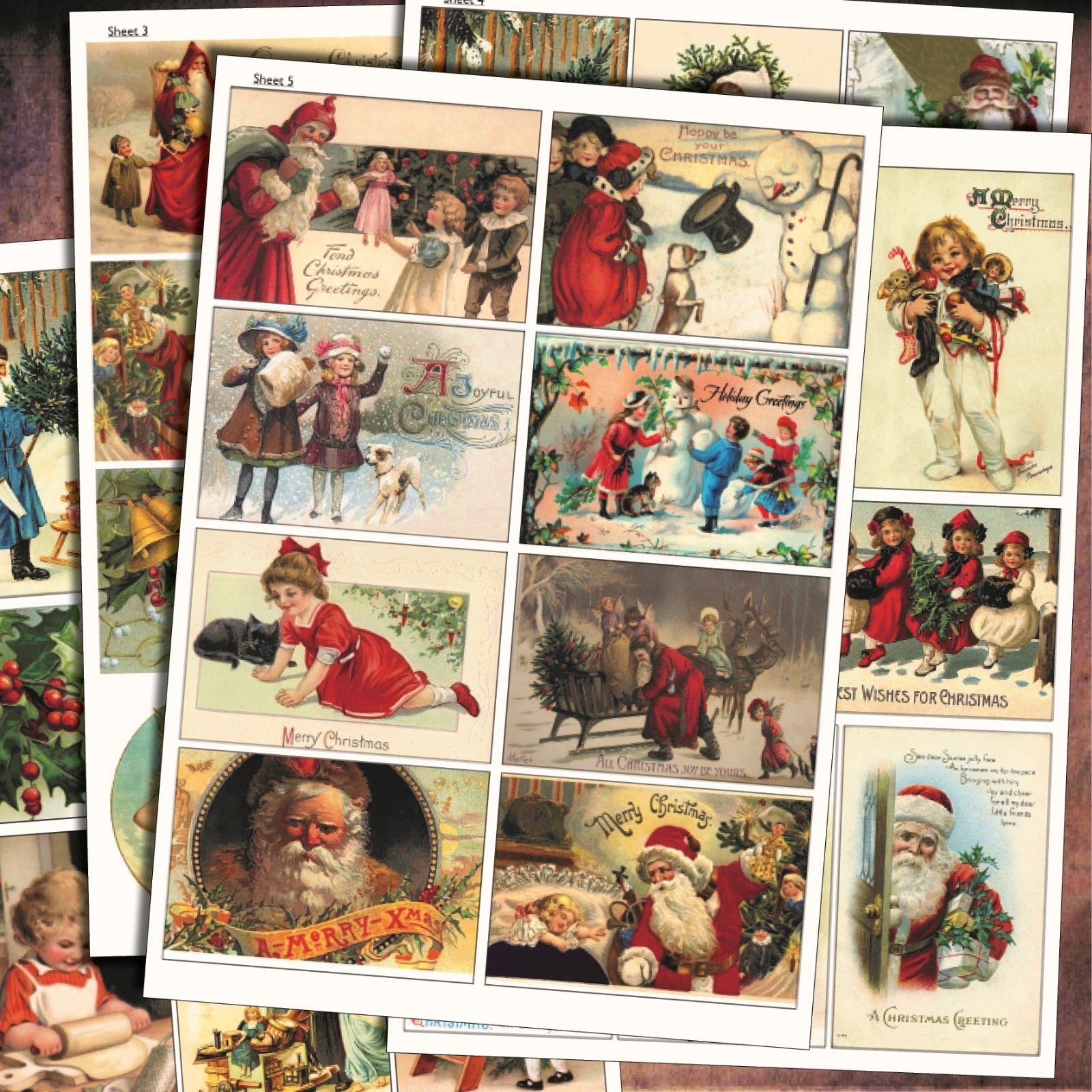 Vintage Christmas label craft making self-adhesive sticker sheets by Bubbadoodoo, featuring festive holiday designs on A4 sheets.