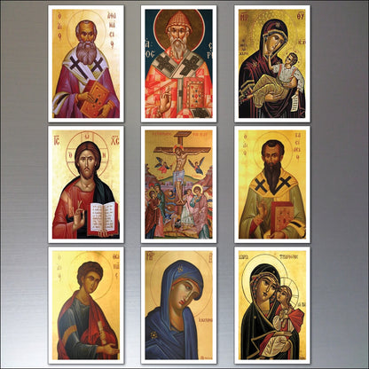 Set of 8 vintage religious fridge magnets featuring Christ, saints, and faith-themed artwork, ideal for decorating your refrigerator.