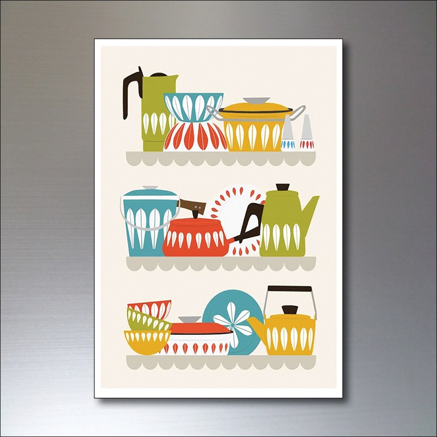 Catherineholm vintage kitchenware reproduction fridge magnets featuring colorful, retro Scandinavian art designs.