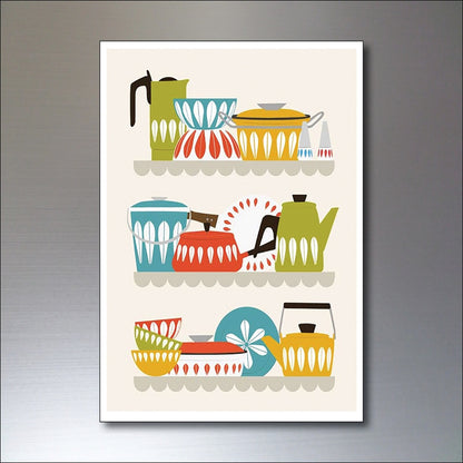 Catherineholm vintage kitchenware reproduction fridge magnets featuring colorful, retro Scandinavian art designs.