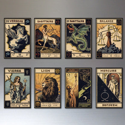 Set of 8 vintage tarot fridge magnets featuring retro tarot card illustrations, perfect for decorating your kitchen or fridge.
