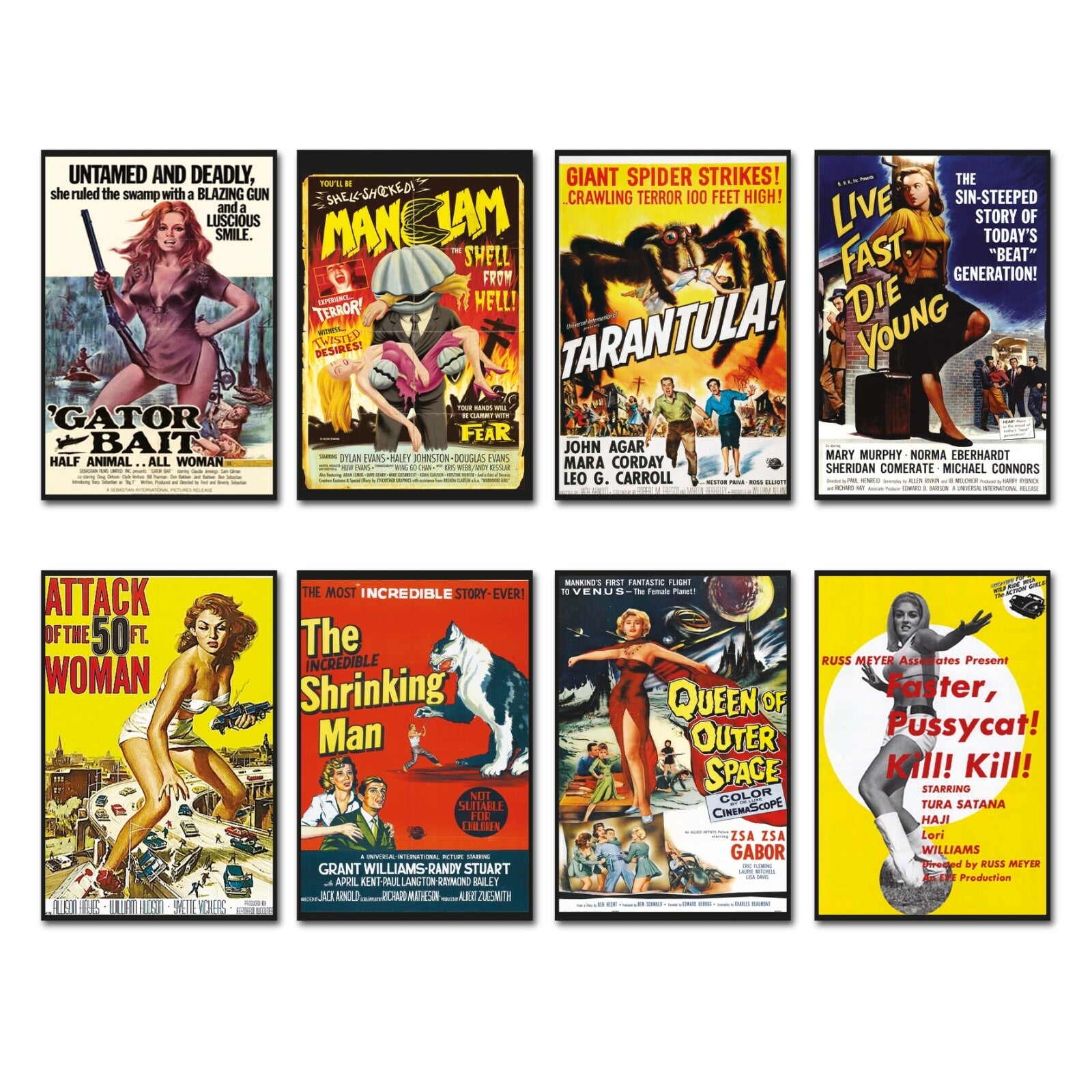 Set of 8 classic B movie film poster fridge magnets, flexible and colorful collectible magnets for refrigerator decoration.