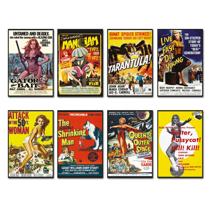 Set of 8 classic B movie film poster fridge magnets, flexible and colorful collectible magnets for refrigerator decoration.