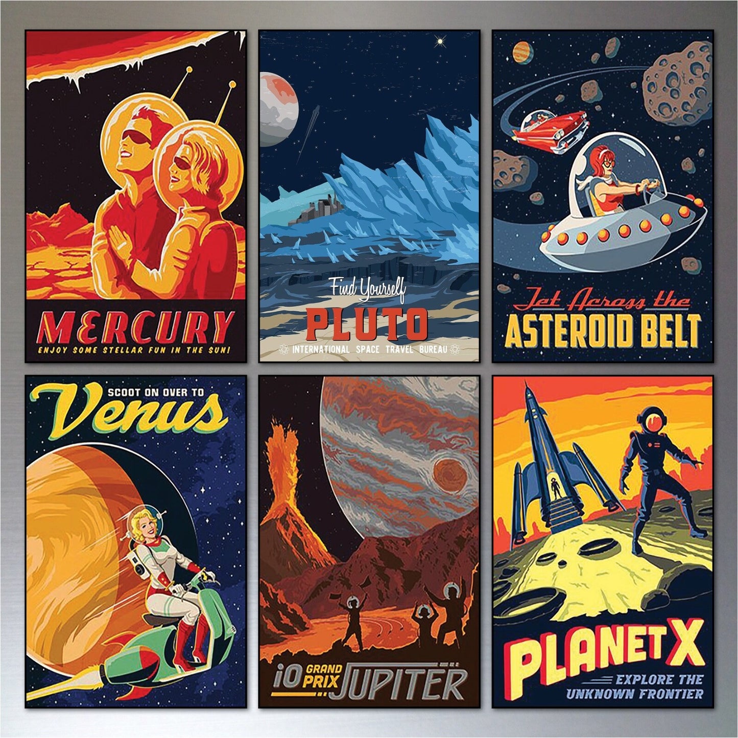 Set of six vintage retro sci-fi magnets featuring space travel artwork by Solar, showcasing futuristic spacecraft and planets.