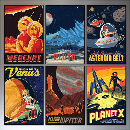 Set of six vintage retro sci-fi magnets featuring space travel artwork by Solar, showcasing futuristic spacecraft and planets.
