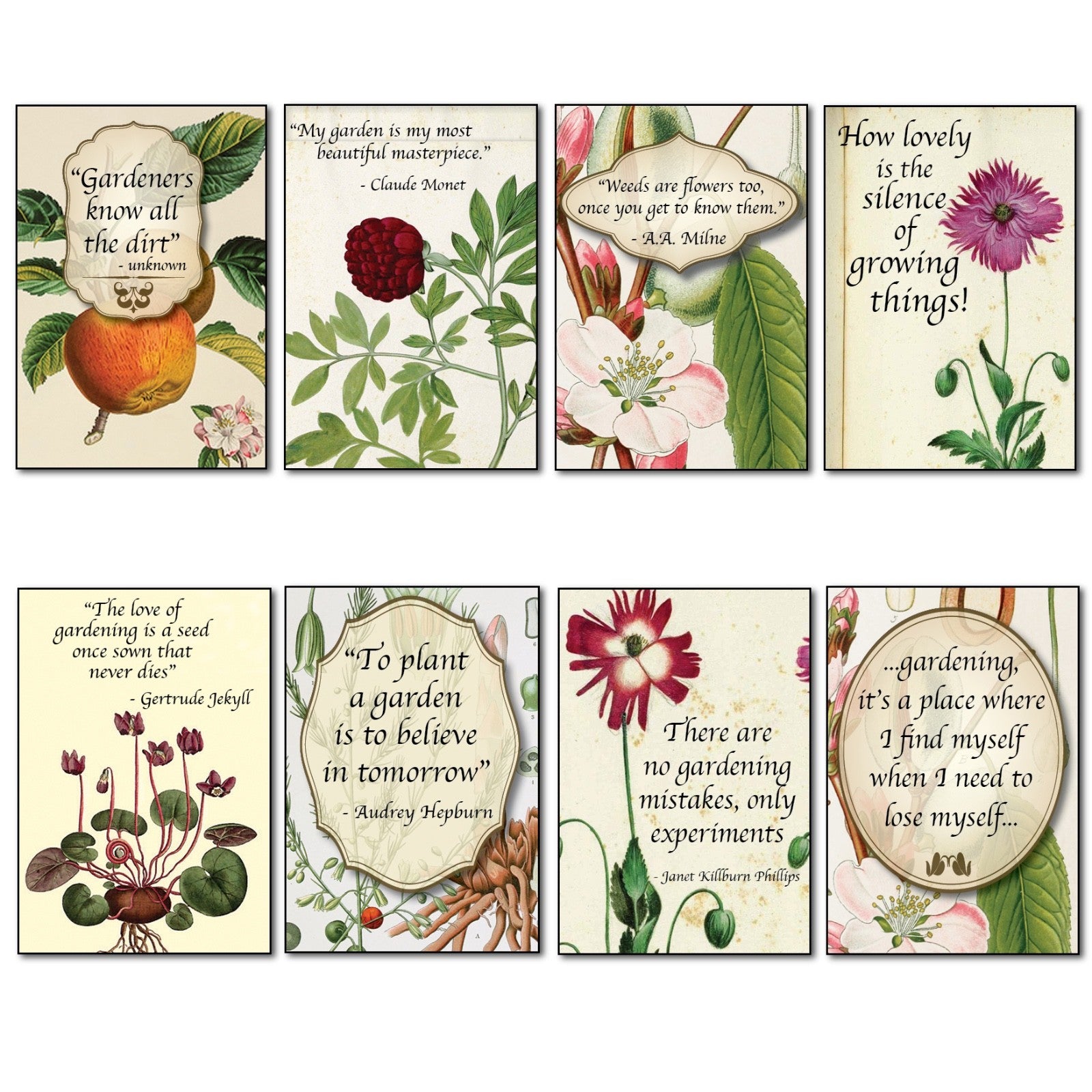 Set of 8 gardening inspiration quotes fridge magnets featuring colorful designs, perfect for decorating and inspiring in the kitchen.