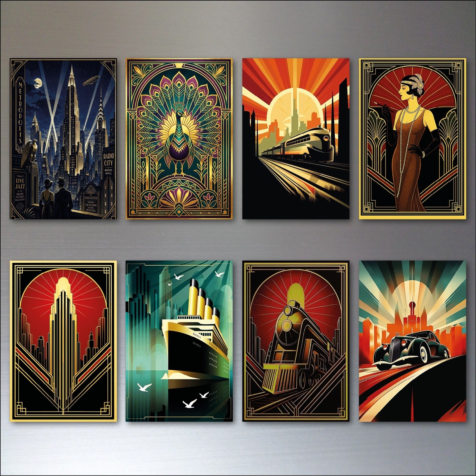 Set of 8 Art Deco Noir style fridge magnets, collectible gift set featuring classic black and gold decorative designs.