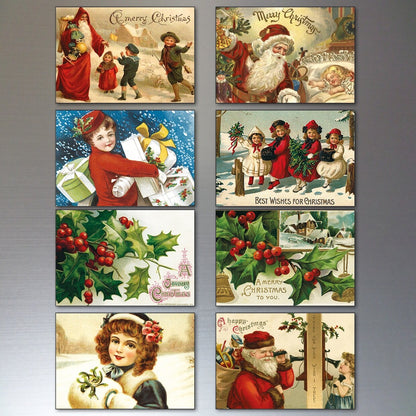 Vintage Victorian Christmas fridge magnets featuring 8 traditional holiday scenes, festive and decorative for holiday decor.