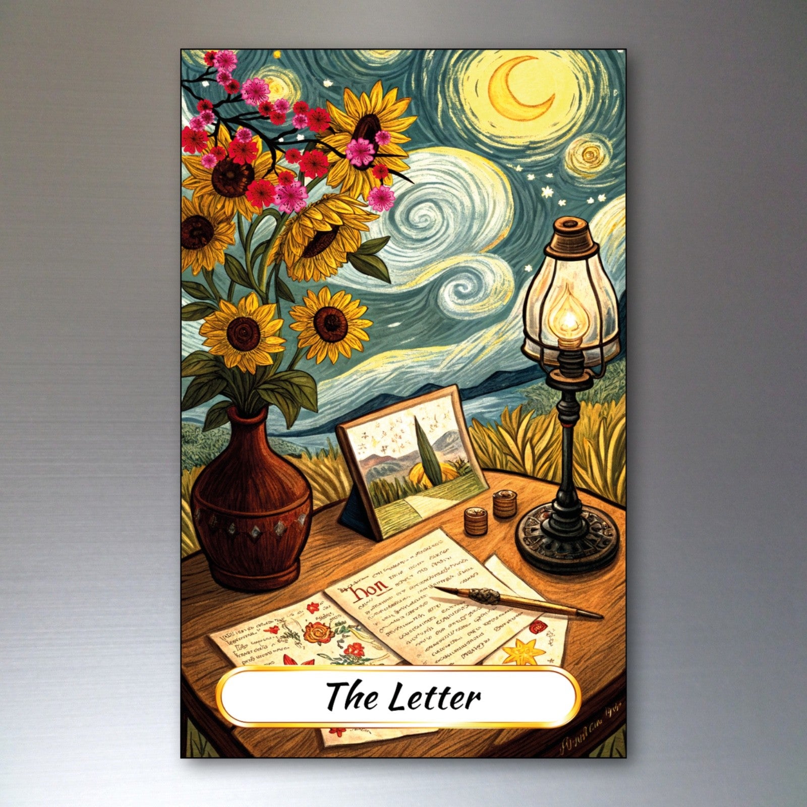 Set of 8 Van Gogh style Tarot card fridge magnets, featuring colorful painted designs, ideal for decorating your refrigerator.