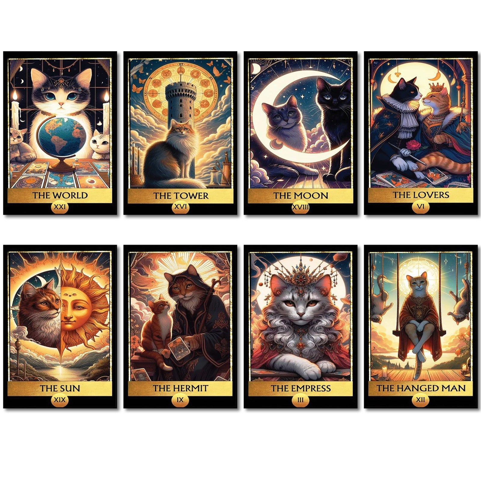 Set of 8 vintage tarot cat retro fridge magnets featuring mystical cat art, perfect for decorating and adding whimsy to your kitchen.