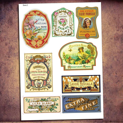 Vintage perfume bottle and toiletries labels set with 40 matte DIY arts and crafts retro stickers, featuring elegant vintage-style designs.