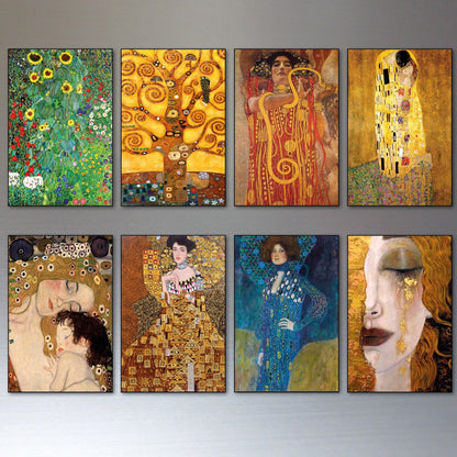 Set of 8 vintage Gustav Klimt fridge magnets featuring art-inspired designs on colorful rectangular shapes.