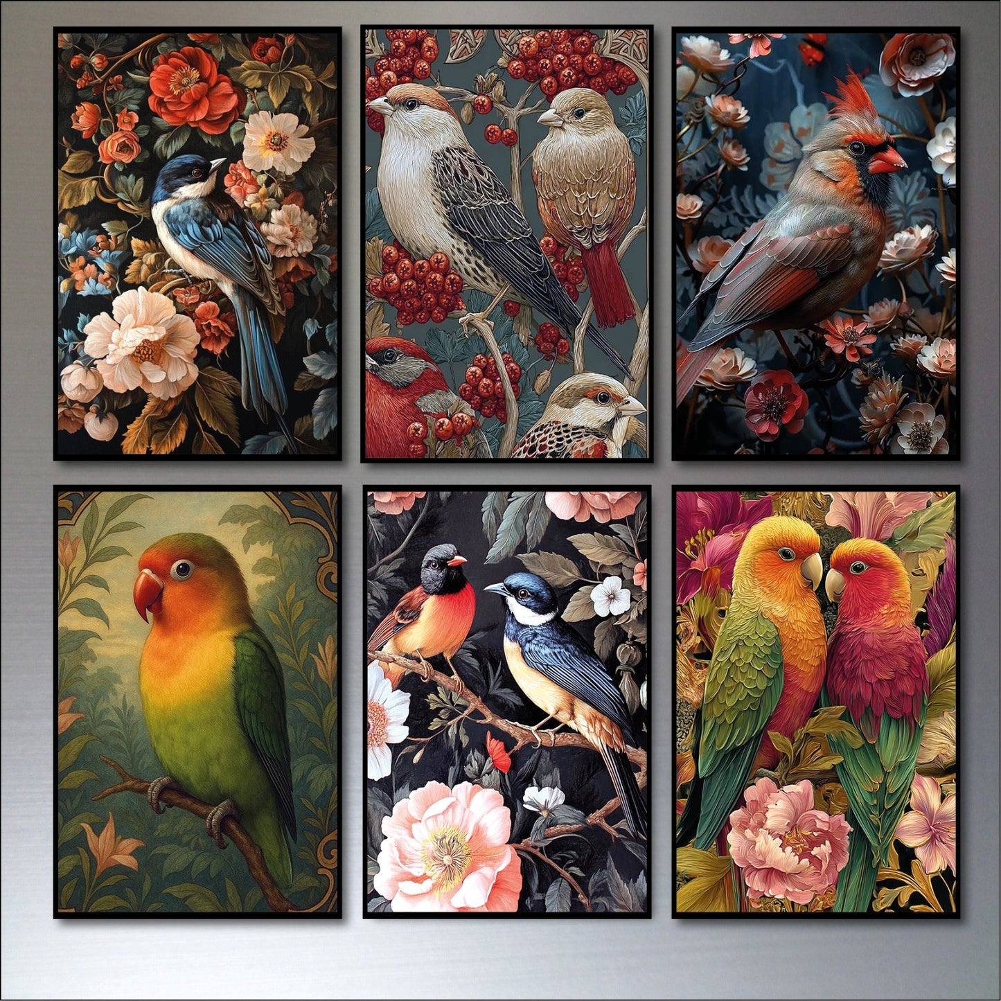 Set of six vintage macaw parrot Victorian illustration fridge magnets, colorful bird images on glossy magnet surfaces.