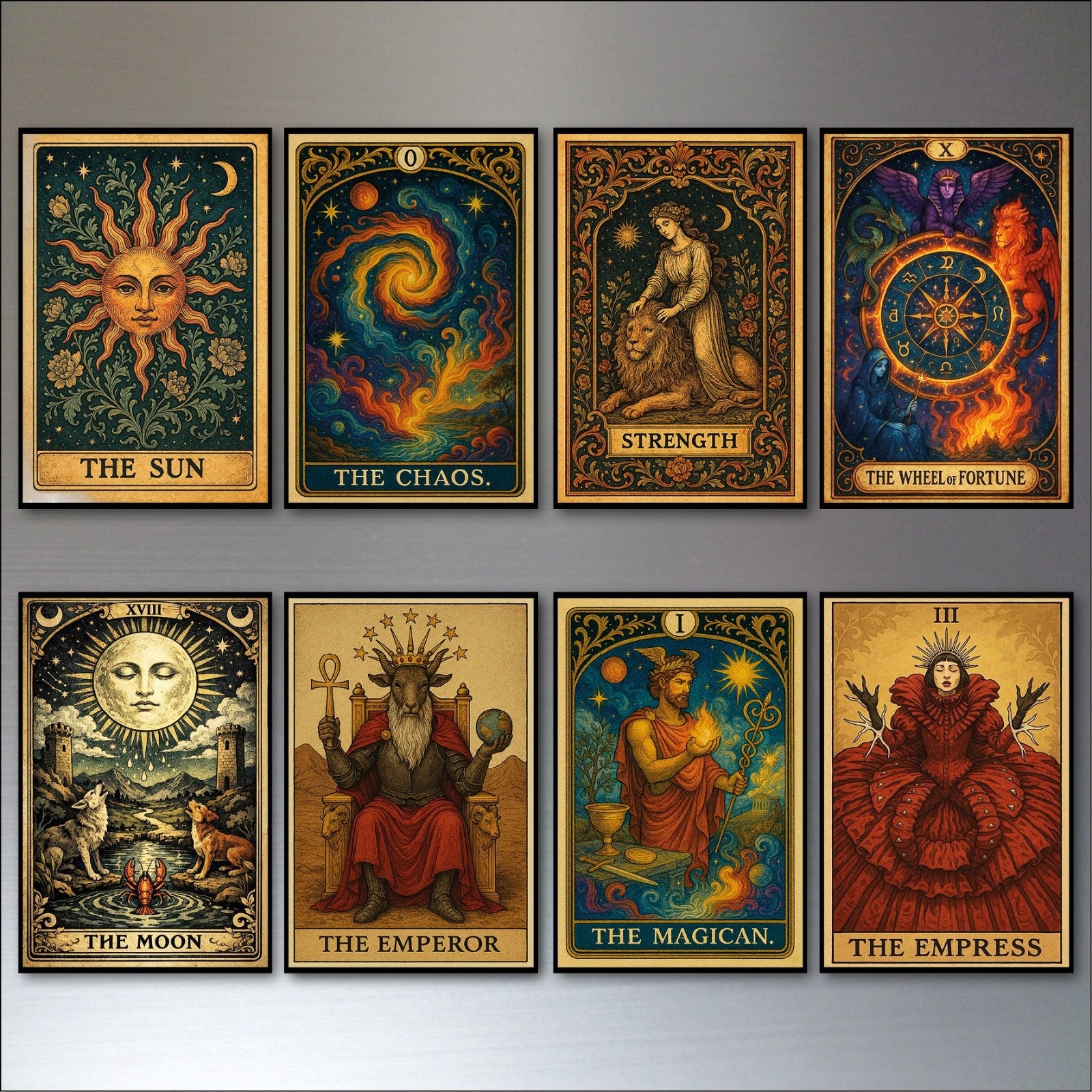 Set of 8 vintage tarot card fridge magnets featuring retro tarot designs, perfect for decorative kitchen accessories.