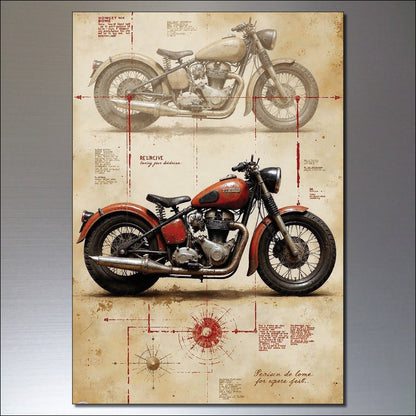 Set of 8 vintage motorbike sketch fridge magnets showing classic motorcycle illustrations on a magnetic backing.