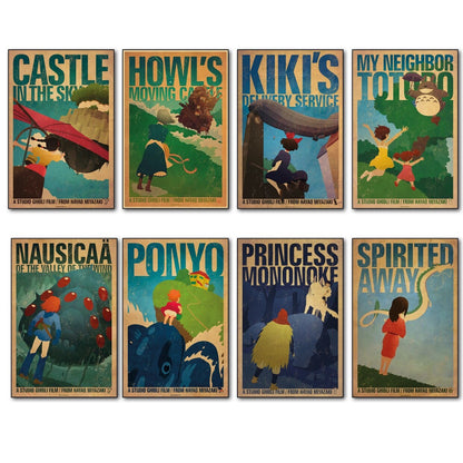 Set of 8 Japanese Studio Ghibli film posters fridge magnets featuring Hayao Miyazaki artwork, colorful and detailed.