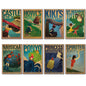 Set of 8 Japanese Studio Ghibli film posters fridge magnets featuring Hayao Miyazaki artwork, colorful and detailed.