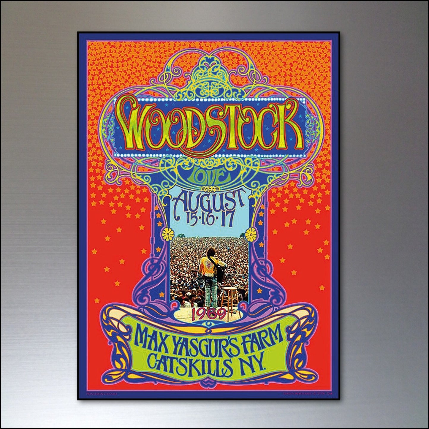 Set of 8 vintage 1960s and 70s psychedelic music posters fridge magnets, featuring colorful retro designs.