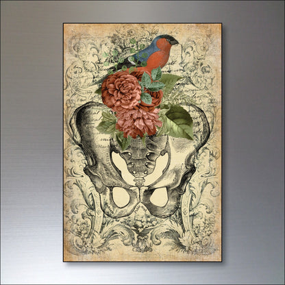 Vintage Halloween fridge magnets set with gothic skulls, birds, bats, and roses for spooky decorative kitchen decor.
