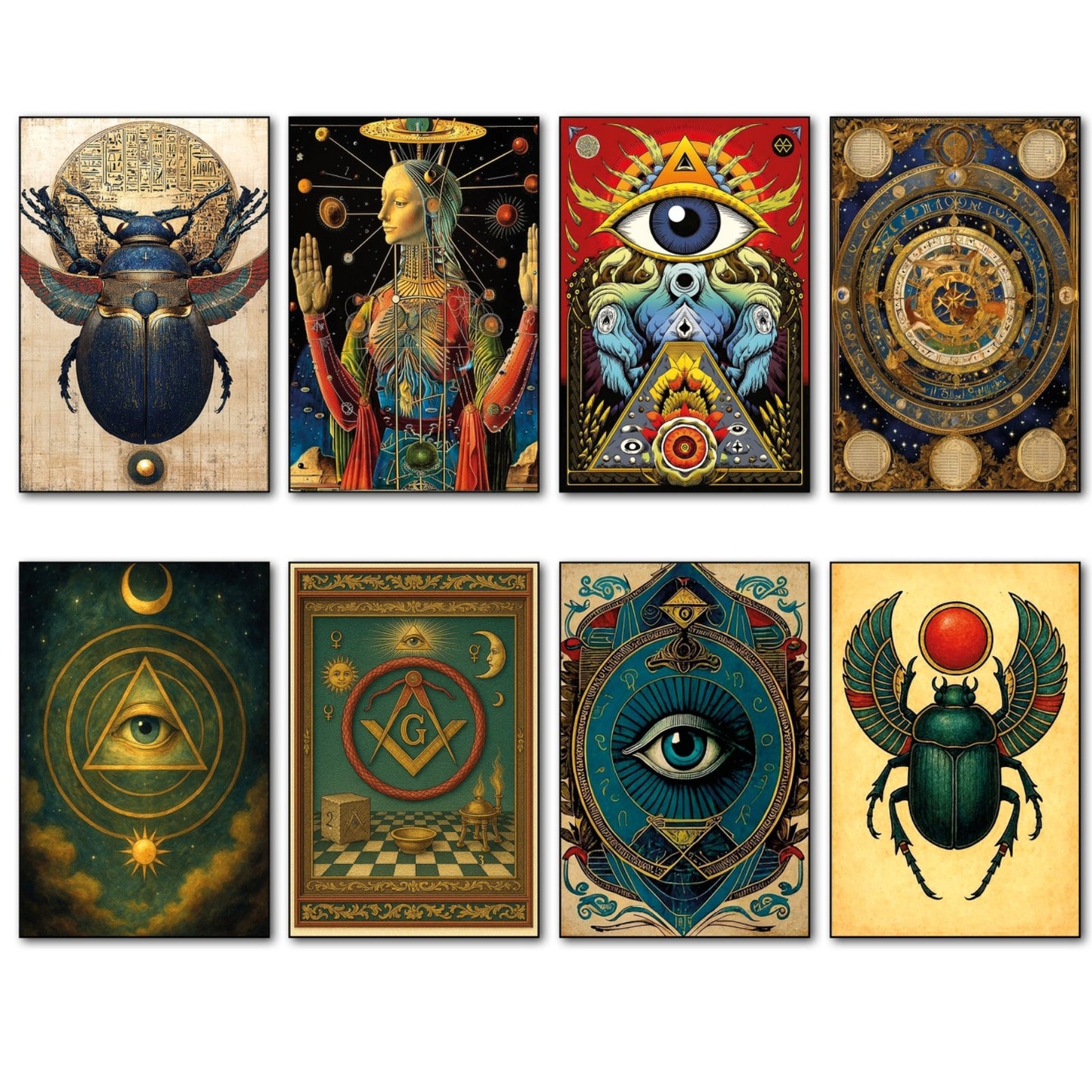 Set of 8 vintage mystic tarot zodiac fridge magnets featuring retro evil eye designs, perfect for decorative kitchen decor.