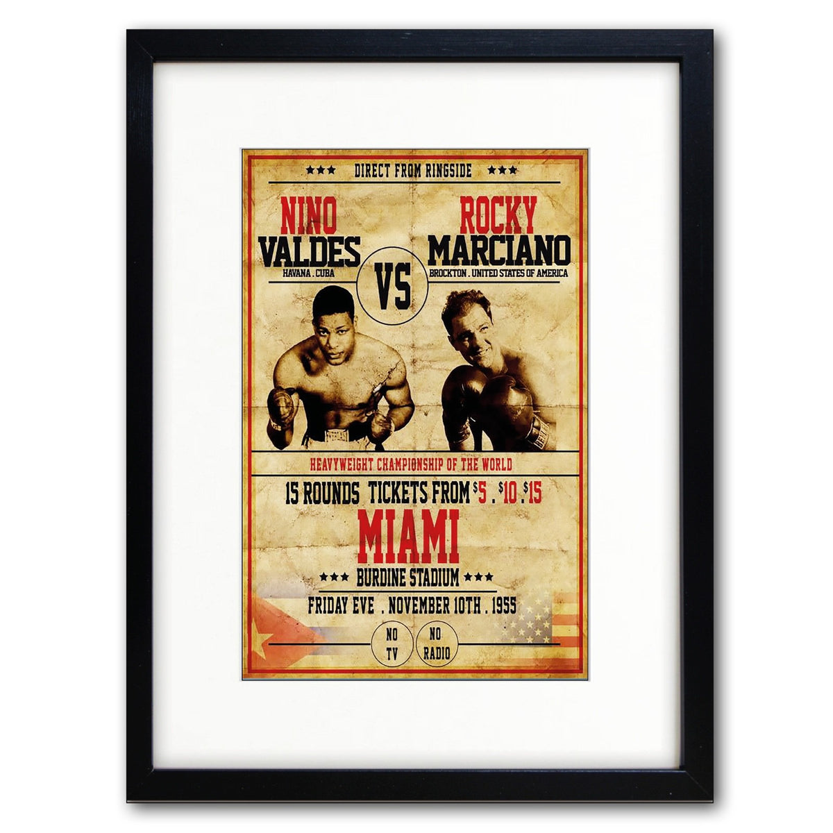 A framed boxing poster featuring Nino Valdes vs. Rocky Marciano, with a black frame and white mat on a light gray background.