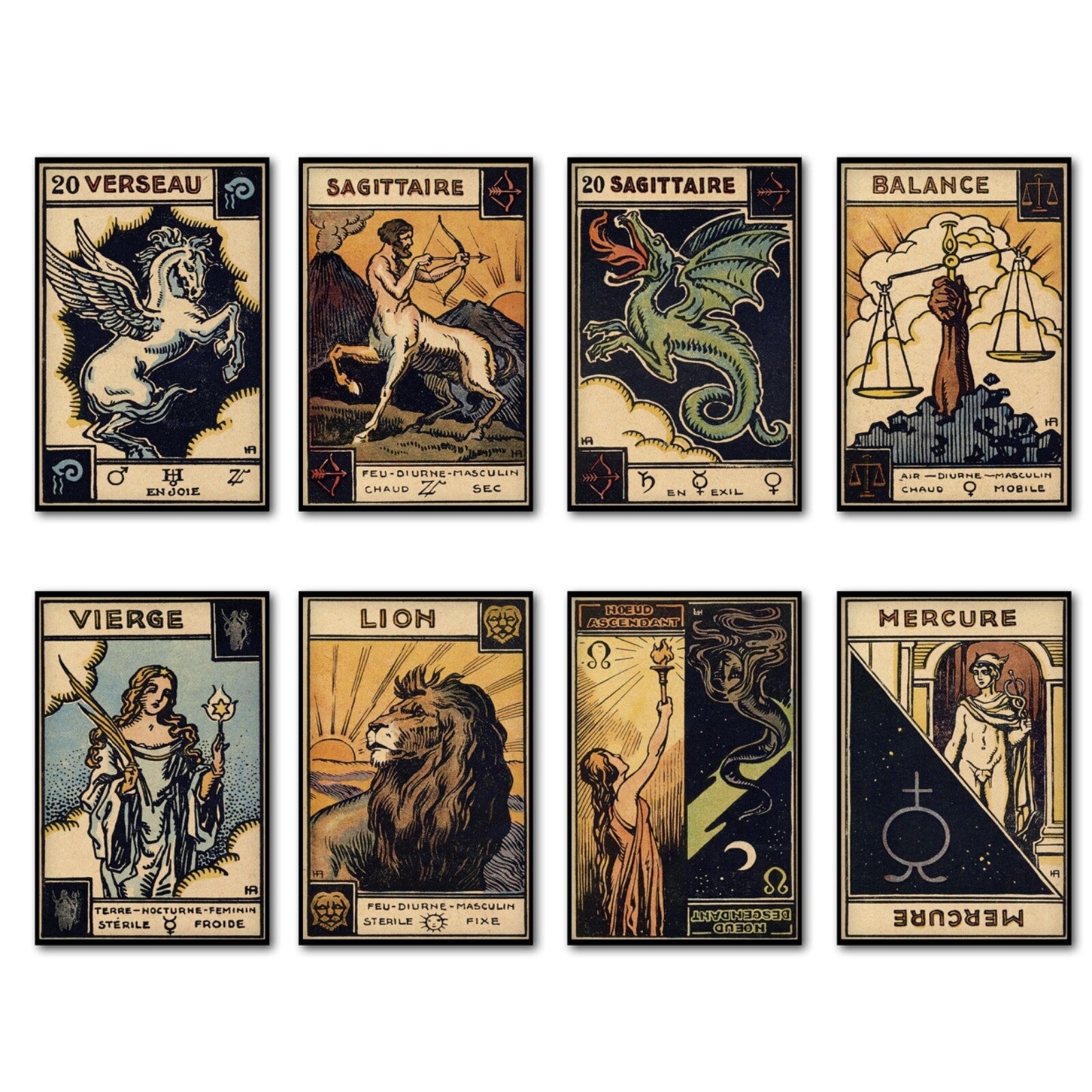 Set of 8 vintage tarot fridge magnets featuring retro tarot card designs, perfect for decorating your refrigerator.