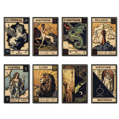 Set of 8 vintage tarot fridge magnets featuring retro tarot card designs, perfect for decorating your refrigerator.