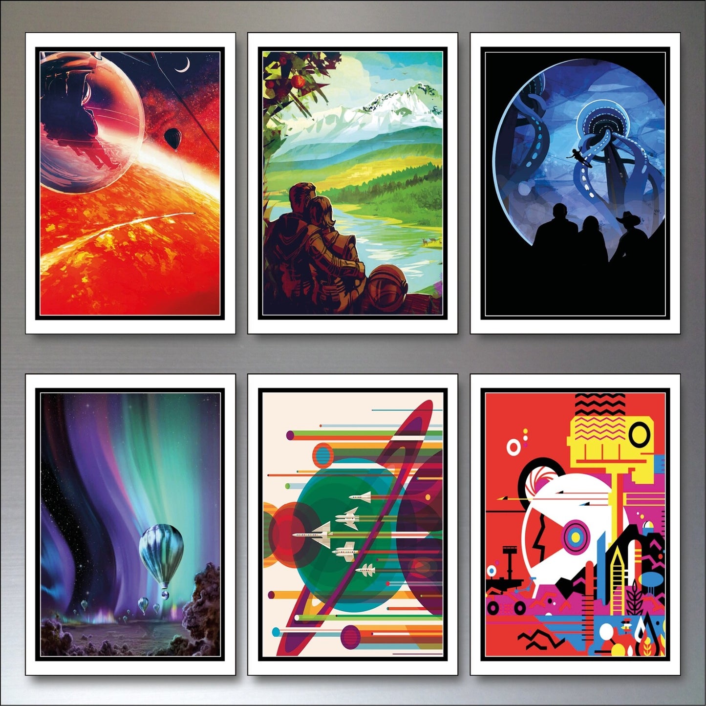 Set of six vintage fridge magnets featuring mid-century space travel retro designs, perfect for retro-inspired kitchen decor.
