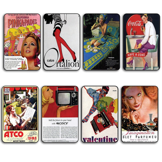 Set of 8 vintage retro advert poster fridge magnets with colorful pop art design and rounded corners by Chic.