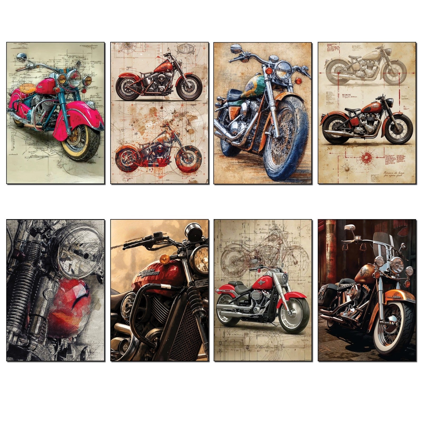 Set of 8 vintage motorbike sketch fridge magnets, featuring detailed motorcycle illustrations on metal magnets.