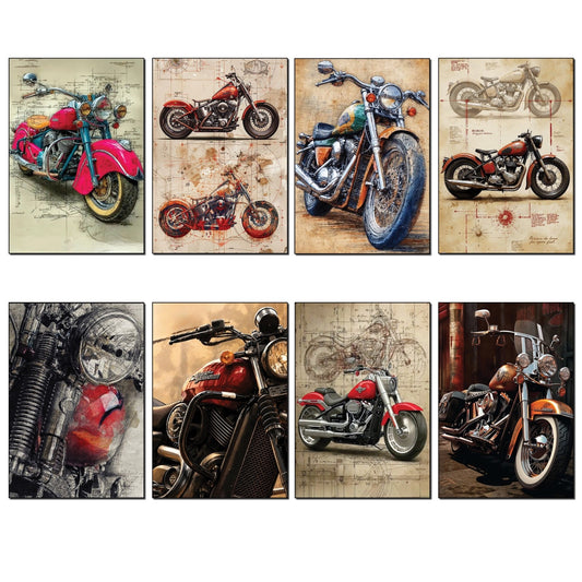 Set of 8 vintage motorbike sketch fridge magnets, featuring detailed motorcycle illustrations on metal magnets.