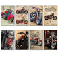 Set of 8 vintage motorbike sketch fridge magnets, featuring detailed motorcycle illustrations on metal magnets.