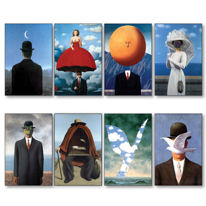 Set of 8 vintage fridge magnets featuring René Magritte surrealism paintings, collectible art magnets by Surralalist.
