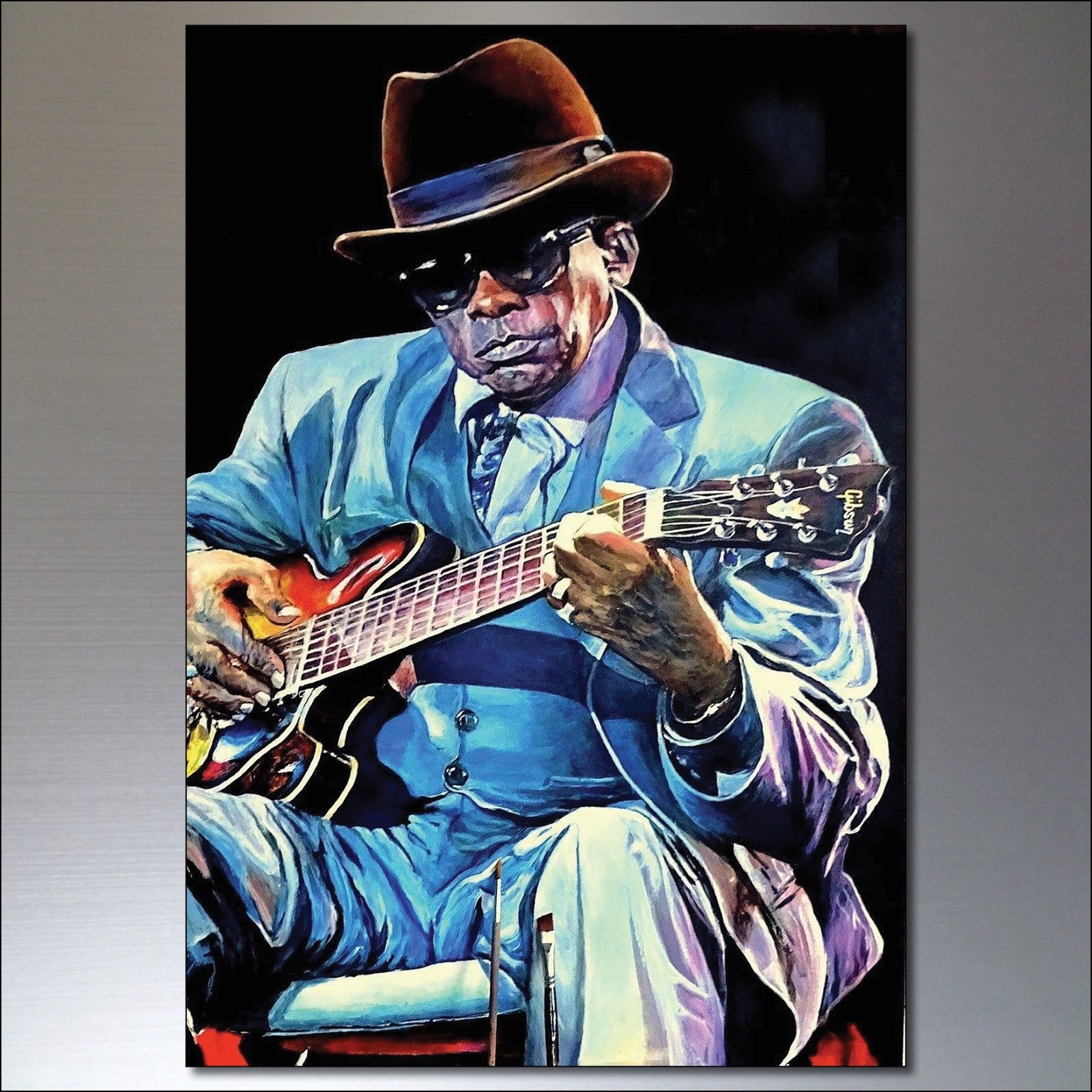 Set of 8 vintage blues, jazz, and soul icon paintings fridge magnets featuring colorful, artistic musical-themed images.