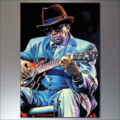Set of 8 vintage blues, jazz, and soul icon paintings fridge magnets featuring colorful, artistic musical-themed images.