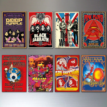Set of 8 vintage 1960s and 70s psychedelic music poster fridge magnets featuring colorful retro designs.