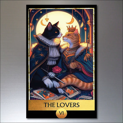 Set of 8 vintage tarot cat fridge magnets featuring mystical cat art, perfect for decorating refrigerators or magnetic surfaces.