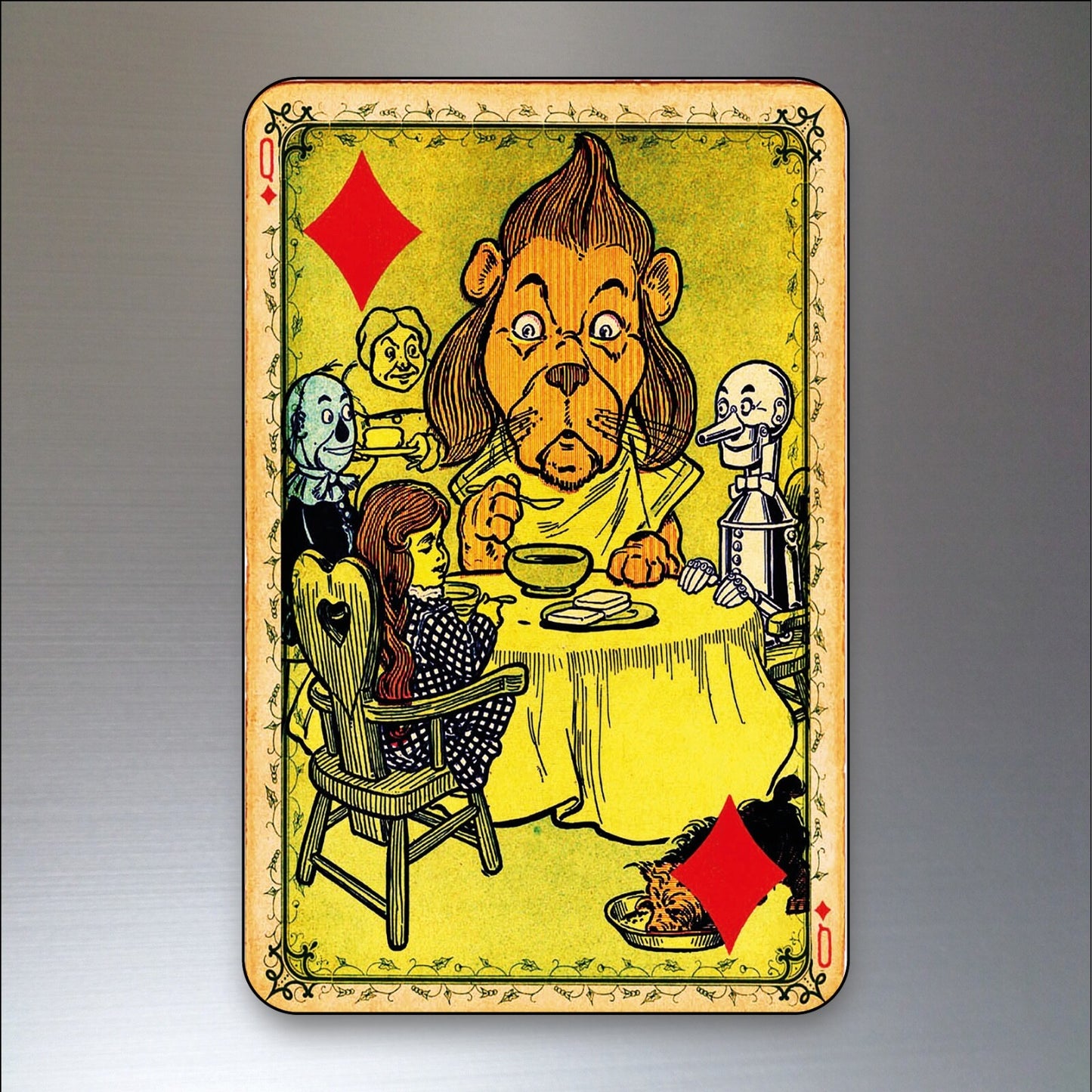 Set of 8 vintage Wizard of Oz themed fridge magnets featuring playing card designs, decorative decorative magnets.