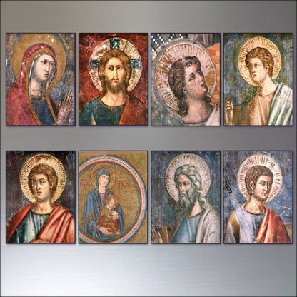 Set of 8 vintage religious art fridge magnets featuring saints and faith imagery, retro style, ideal for religious home decor.