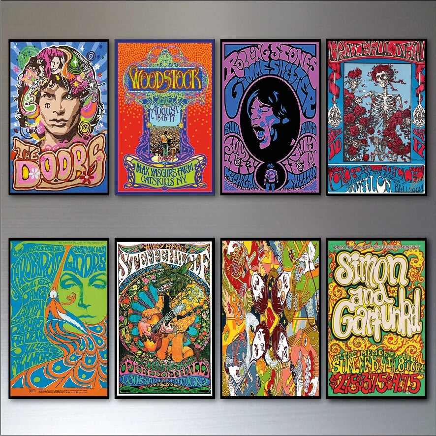 Set of 8 vintage 1960s-70s psychedelic music posters fridge magnets featuring colorful retro designs and bold artwork.