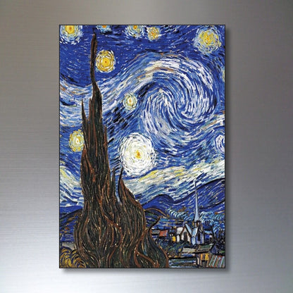 Set of 8 Vincent van Gogh fridge magnets featuring colorful reproductions of famous paintings, arranged on a surface.