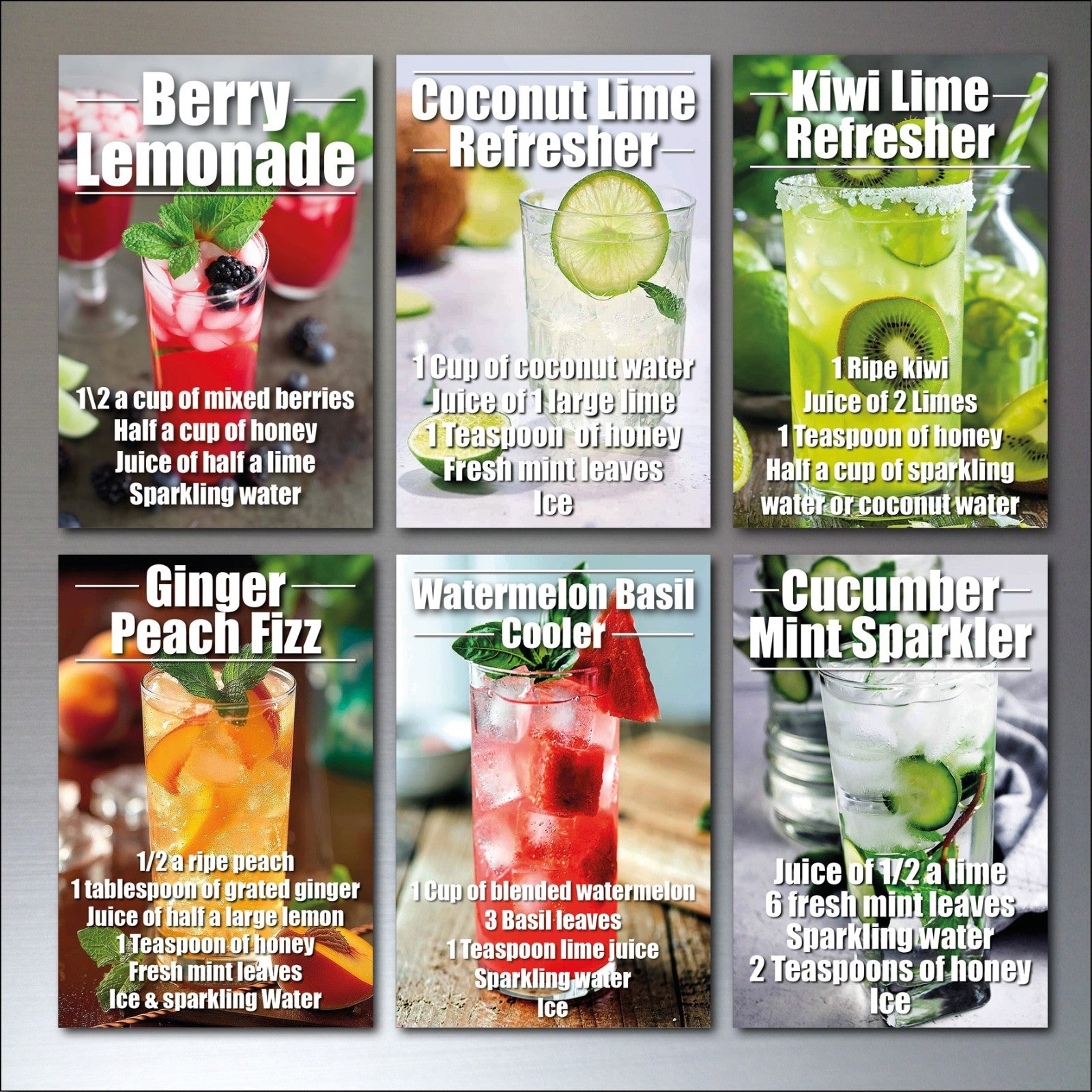 Set of 6 unbranded mocktail fridge magnets featuring non-alcoholic recipes, colorful and decorative for kitchen use.
