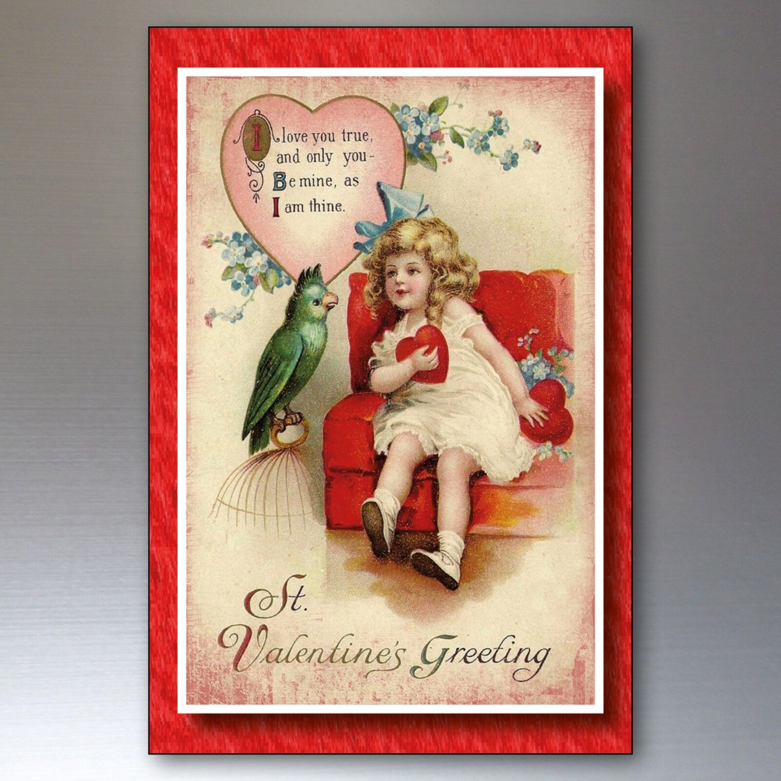 Set of 8 vintage Valentine’s fridge magnets featuring classic Valentine’s cards, by Bubbadoodoo, displayed on a refrigerator surface.