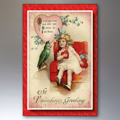 Set of 8 vintage Valentine’s fridge magnets featuring classic Valentine’s cards, by Bubbadoodoo, displayed on a refrigerator surface.