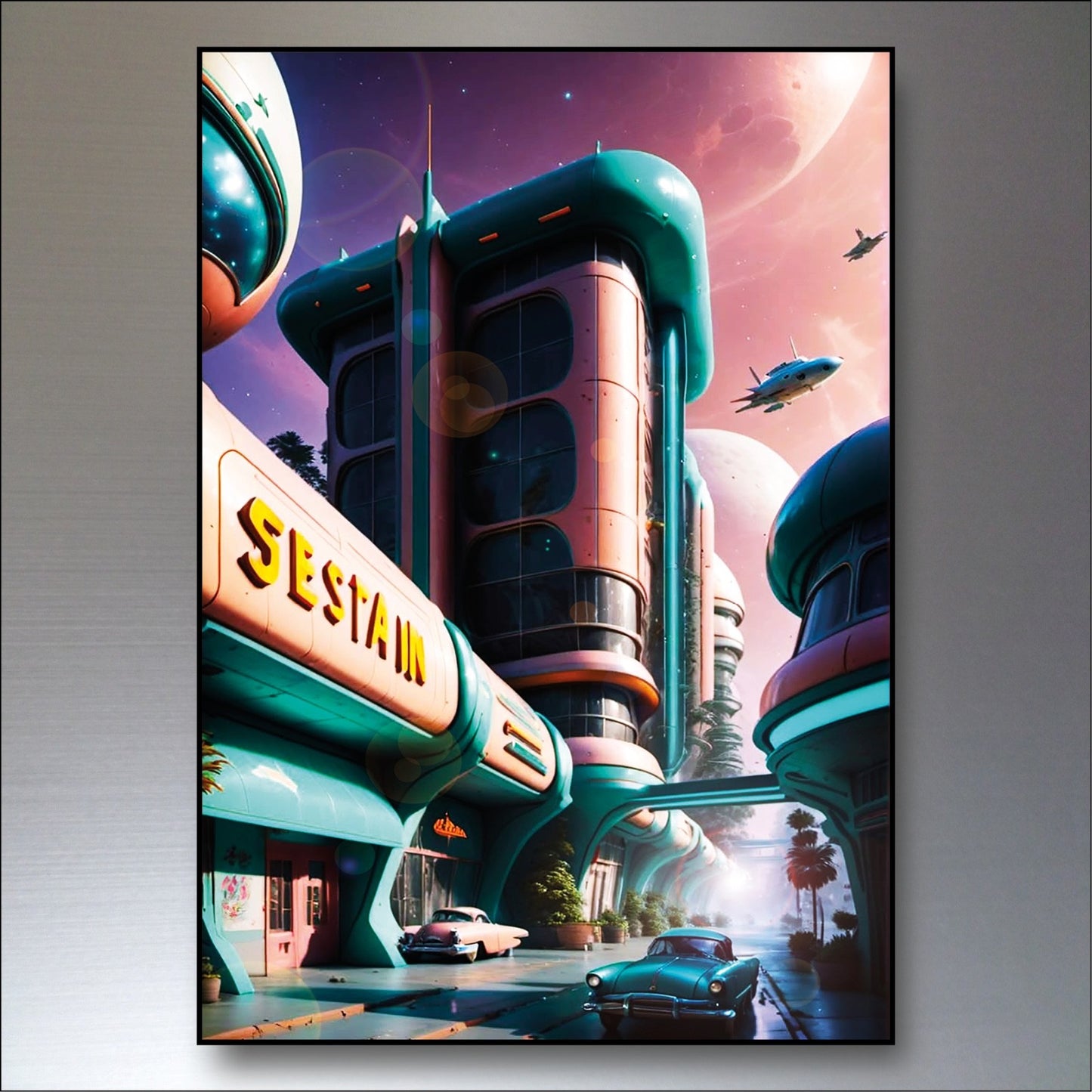 Set of six vintage retro sci-fi novel artwork fridge magnets featuring classic sci-fi illustrations and designs.