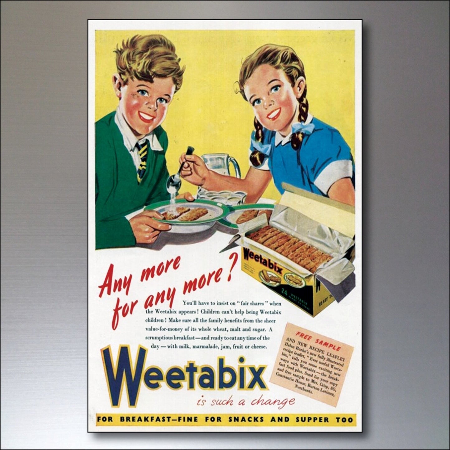 Set of 8 vintage fridge magnets featuring Meat Free vegetarian adverts and posters with retro design and colorful illustrations.