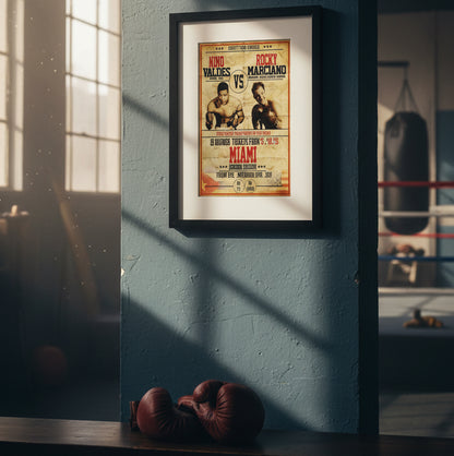 A framed boxing poster featuring Nino Valdes vs. Rocky Marciano, with a black frame and white mat on a light gray background.